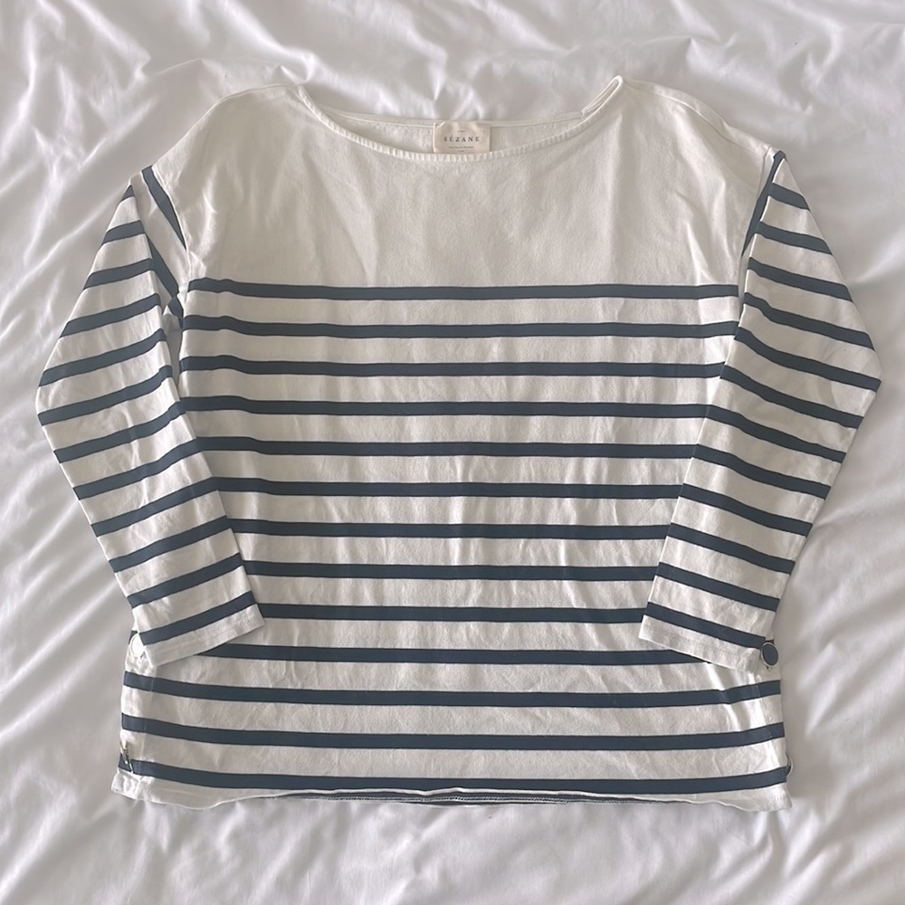 Sezane Navy and Cream Striped Long Sleeve Top